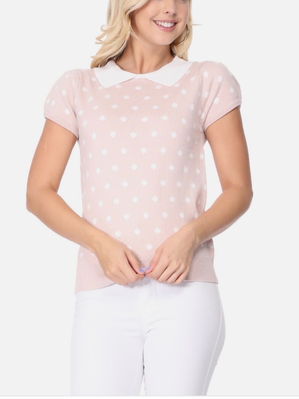 Polka Dot Peter Pan Collar Knit Top - Pink